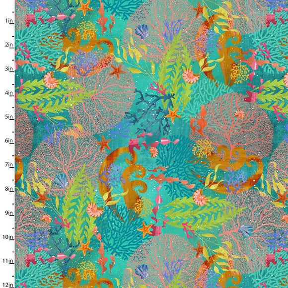 Fabric COLORFUL CORAL TURQUOISE from Shining Sea Collection by Connie Haley for 3 Wishes, # 21692-TRQ-CTN-D