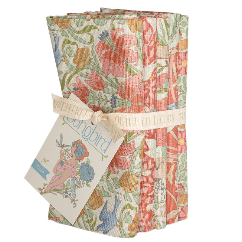 PREORDER! Fabric, 5 Fat 1/4s (20" X 22") bundle from Tilda, SONGBIRD Collection CORAL, TIL300252