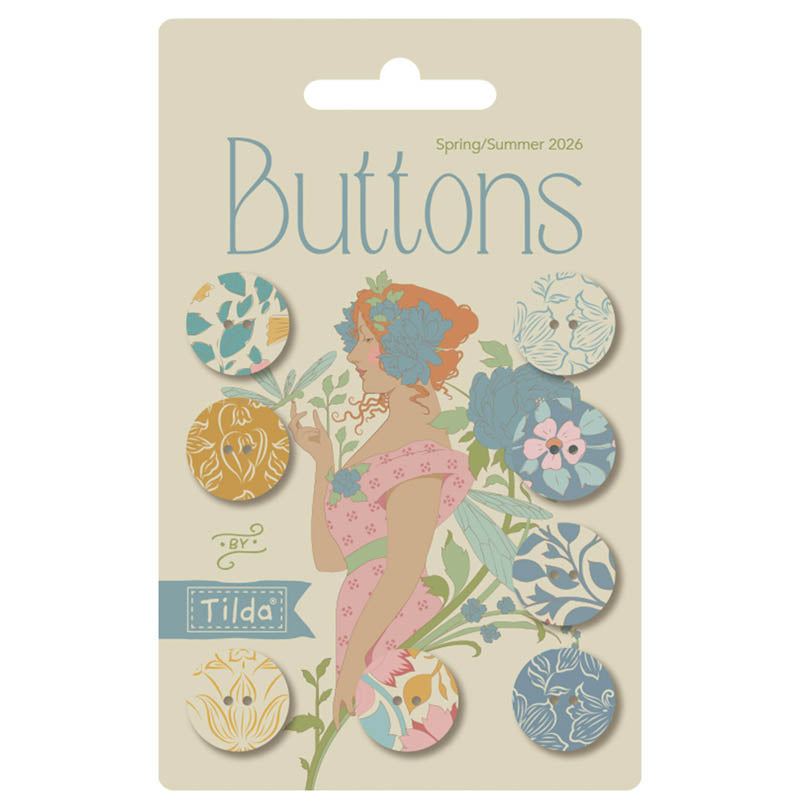 PREORDER! Fabric Covered Buttons, 8 pieces BLUE/YELLOW, 0.63" diameter each from Tilda, SONGBIRD Collection, TIL400075