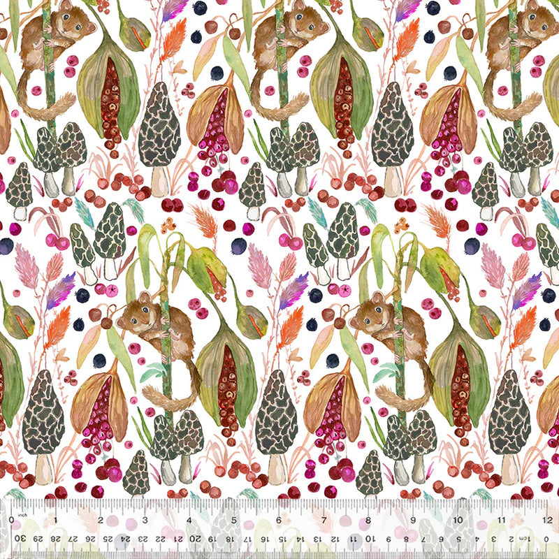Cotton Fabric Little Dormouse 54770D-1 White, FOREST FRUITS Collection from Betsy Olmsted for Windham