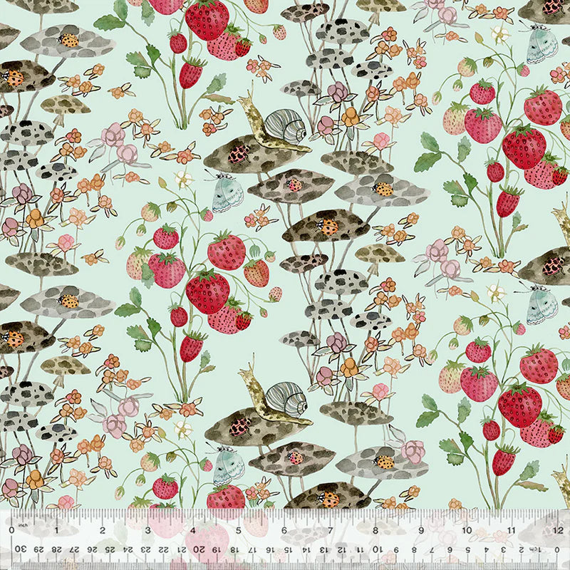 Cotton Fabric Sneaky Snail 54771D-4 Seafoam, FOREST FRUITS Collection from Betsy Olmsted for Windham