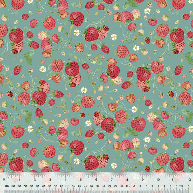 Cotton Fabric Strawberries 54772D-5 Teal, FOREST FRUITS Collection from Betsy Olmsted for Windham