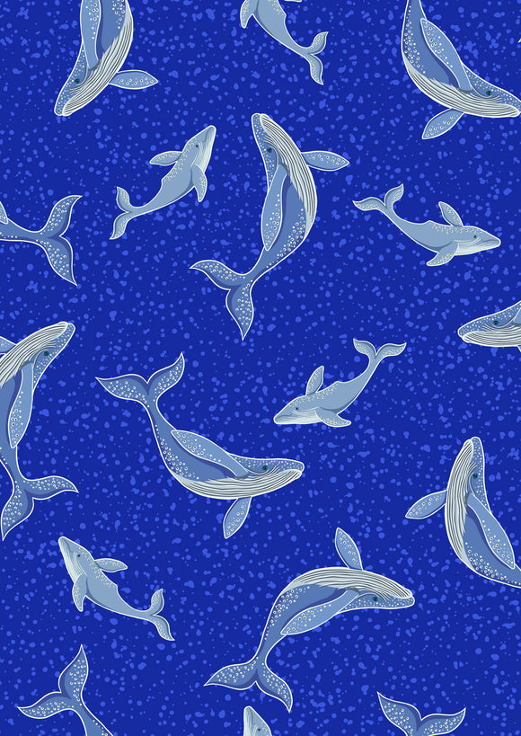 GLOW in the DARK Fabric HUMPBACK WHALES3 Bright Blue from Ocean Glow Collection By Lewis and Irene D#A781 C#2