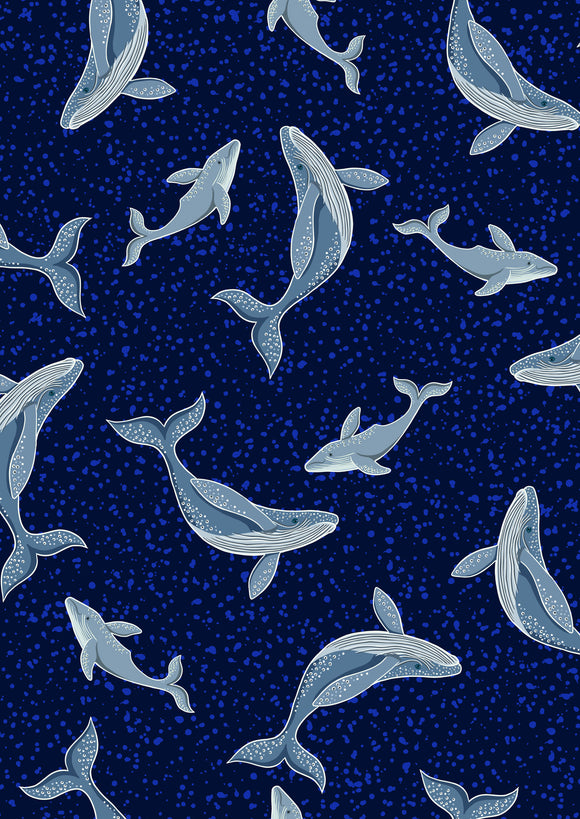 GLOW in the DARK Fabric HUMPBACK WHALES3 Deep Dark from Ocean Glow Collection By Lewis and Irene D#A781 C#3
