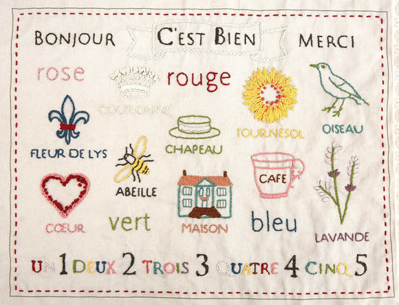 French General Embroidery Sampler pre-printed design on linen C'EST BIEN