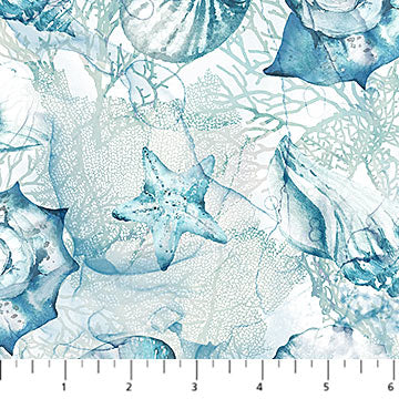 Fabric SHELLS PALE BLUE from SEA BREEZE Collection by Deborah Edwards and Melanie Samra, DP27098-42