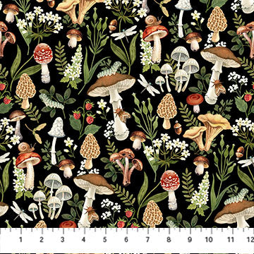 Fabric MUSHROOMS BLACK DP27510-99 from WILD HARVEST Collection by Deborah Edwards for Northcott Fabrics