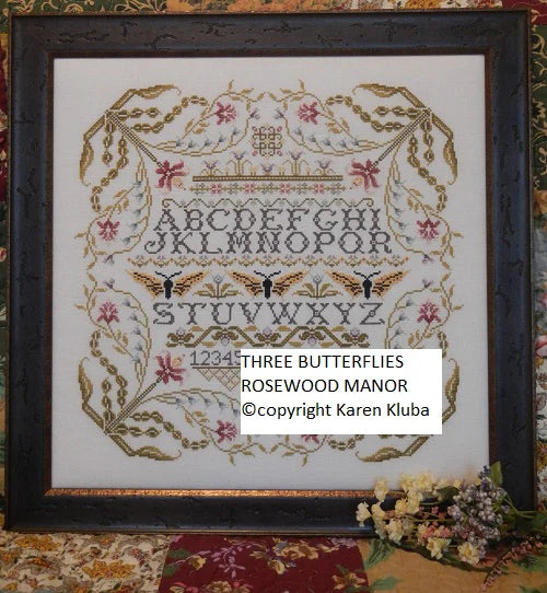 Cross-Stitch Sampler Pattern THREE BUTTERFLIES by Karen Kluba from Rosewood Manor, S-1051