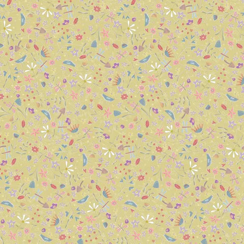Fabric DV7423 BLUE BIRD ON YELLOW-GREEN, from SLOW AND STEADY Collection by Anni Downs for Devonstone, Australia