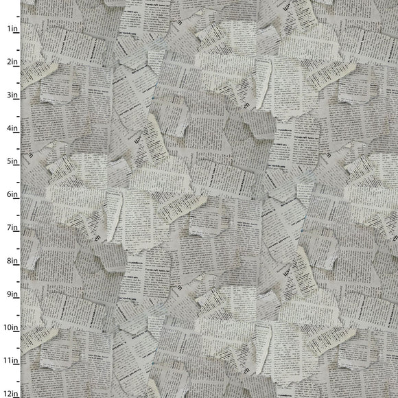 Newspaper Print Quilting Fabric from The Great Outdoors Collection by Connie Haley from 3 Wishes, 16033-GRY-CTN-D