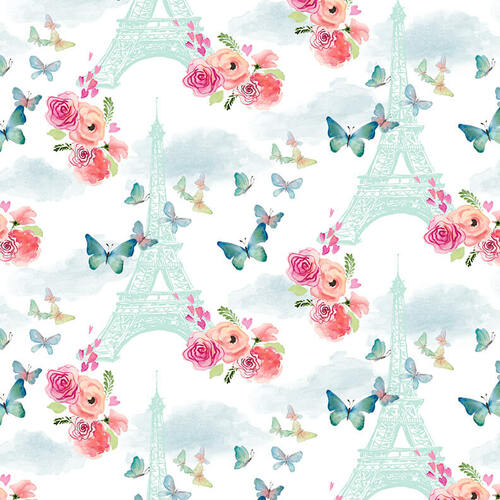 Fabric Eiffel Tower with Flowers and Butterflies from Love is in the Air Collection by Lanie Loreth for Blank Co., 1679-01 White