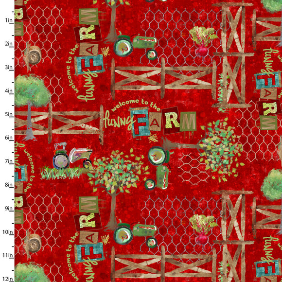 Quilting Fabric TRACTORS, Red, from The Welcome to the Funny Farm Collection by Connie Haley from 3 Wishes, 18735-RED-CTN-D