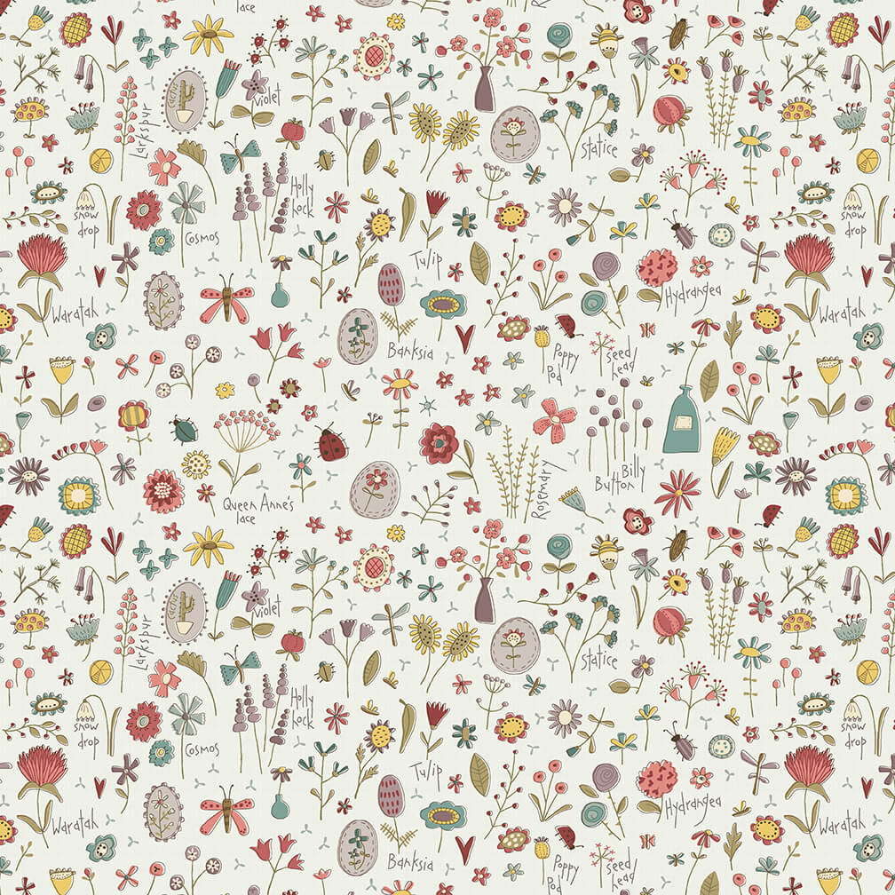 Henry Glass Fabric TOSSED WILD FLOWERS, 2896-44 Cream, from Market Garden Collection by Anni Downs