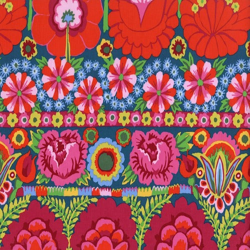 Fabric  Embroidered Flowers-Red,PWKF001.REDXX, Artisan Collection from Kaffee Fassett for Free Spirit.