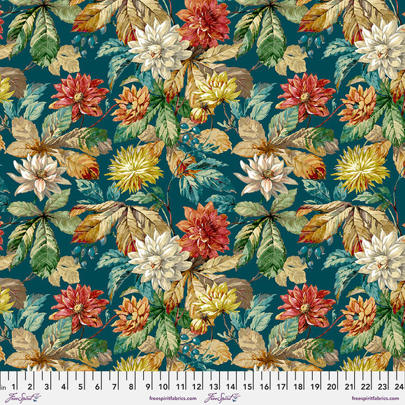 Fabric Small Dahlia & Rosehip, color Forest, from the Woodland Blooms Collection, by Sanderson for Free Spirit, PWSA030.FOREST